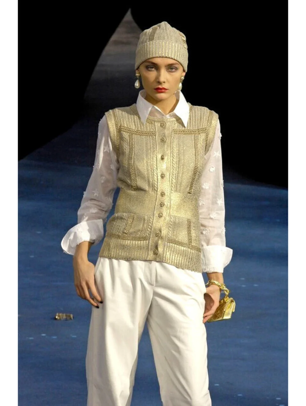 08P CHANEL FR-36 Metallic Knit Short-Sleeve Cardigan Top Gold Chain Trim Pockets